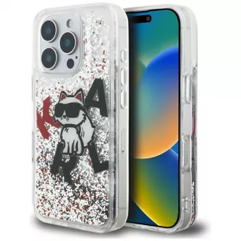 Karl Lagerfeld Liquid Glitter Choupette Logo Custodia per Apple iPhone 16 Pro Max, trasparente