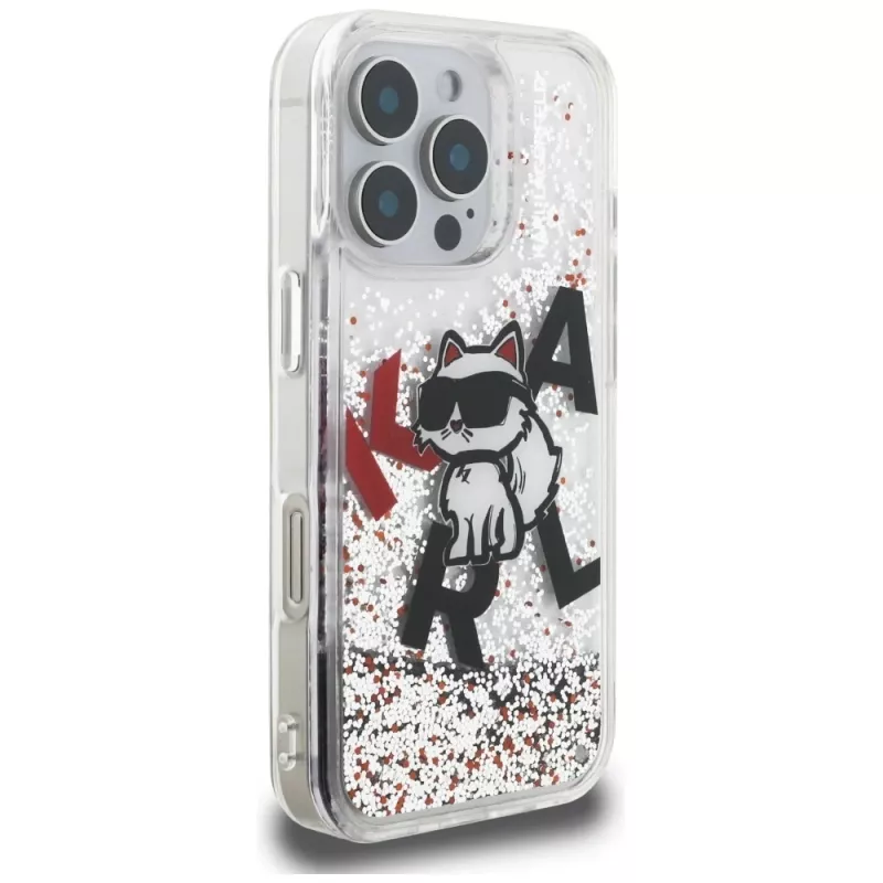 Karl Lagerfeld Liquid Glitter Choupette Logo Custodia per Apple iPhone 16 Pro Max, trasparente