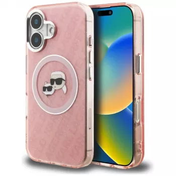 KARL LAGERFELD IML Glitter Karl & Choupette Heads Logo Case MagSafe per Apple iPhone 16 - rosa