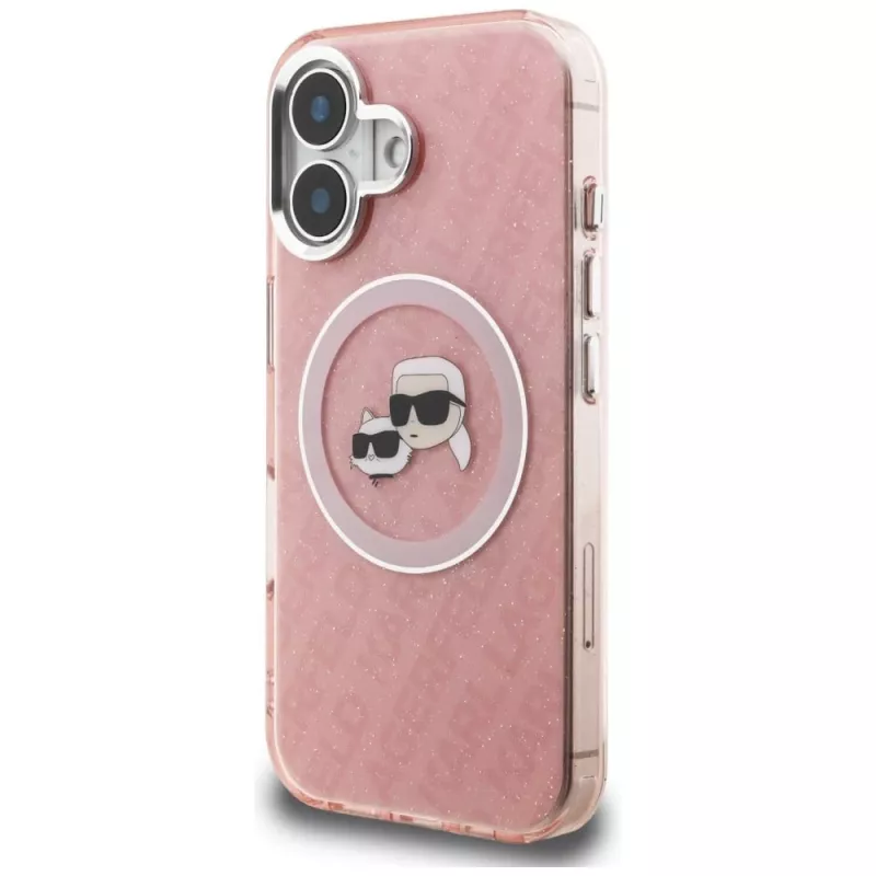 KARL LAGERFELD IML Glitter Karl & Choupette Heads Logo Case MagSafe per Apple iPhone 16 - rosa