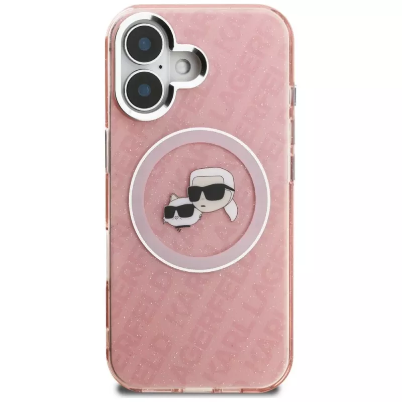 KARL LAGERFELD IML Glitter Karl & Choupette Heads Logo Case MagSafe per Apple iPhone 16 - rosa