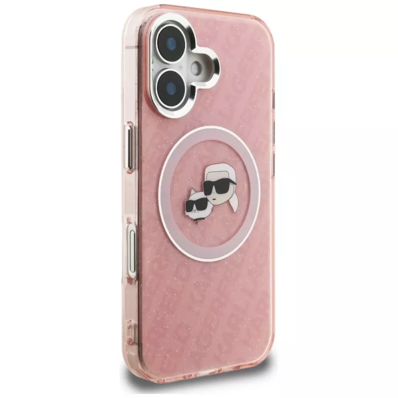 KARL LAGERFELD IML Glitter Karl & Choupette Heads Logo Case MagSafe per Apple iPhone 16 - rosa
