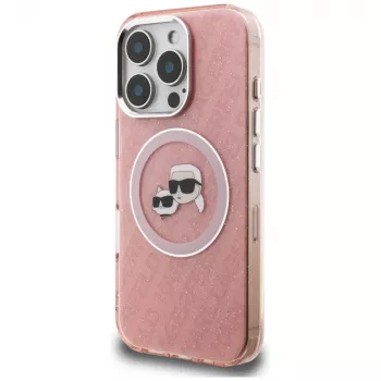Karl Lagerfeld IML Glitter Karl & Choupette Heads Logo Case MagSafe per iPhone 16 Pro rosa