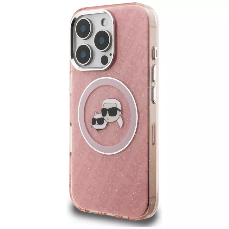 Karl Lagerfeld IML Glitter Karl & Choupette Heads Logo Case MagSafe per iPhone 16 Pro rosa