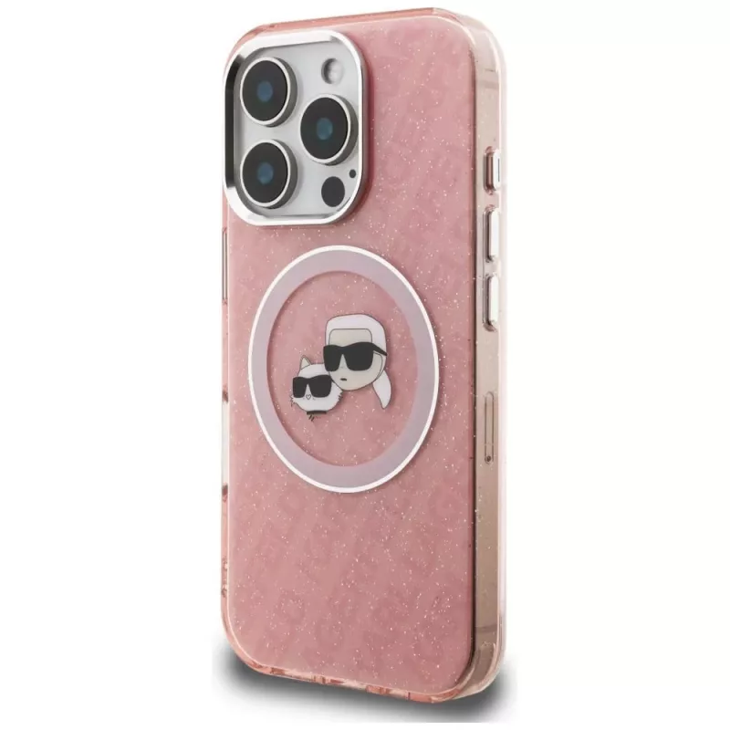 KARL LAGERFELD IML Glitter Karl & Choupette Heads Logo Case MagSafe per iPhone 16 Pro Max, rosa