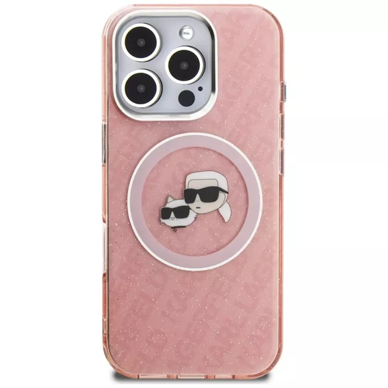 KARL LAGERFELD IML Glitter Karl & Choupette Heads Logo Case MagSafe per iPhone 16 Pro Max, rosa