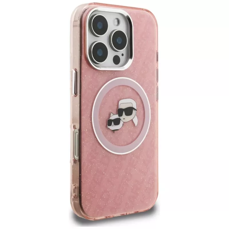 KARL LAGERFELD IML Glitter Karl & Choupette Heads Logo Case MagSafe per iPhone 16 Pro Max, rosa