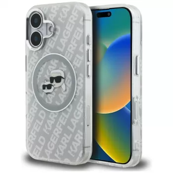 KARL LAGERFELD IML Glitter Karl & Choupette Heads Logo Case MagSafe per iPhone 16, grigio