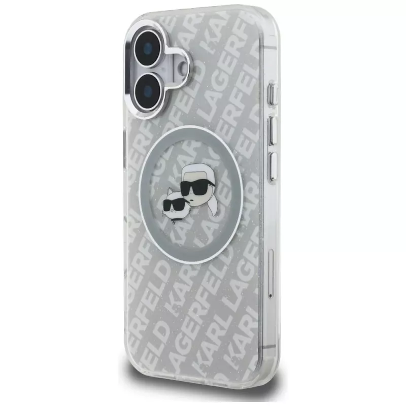 KARL LAGERFELD IML Glitter Karl & Choupette Heads Logo Case MagSafe per iPhone 16, grigio