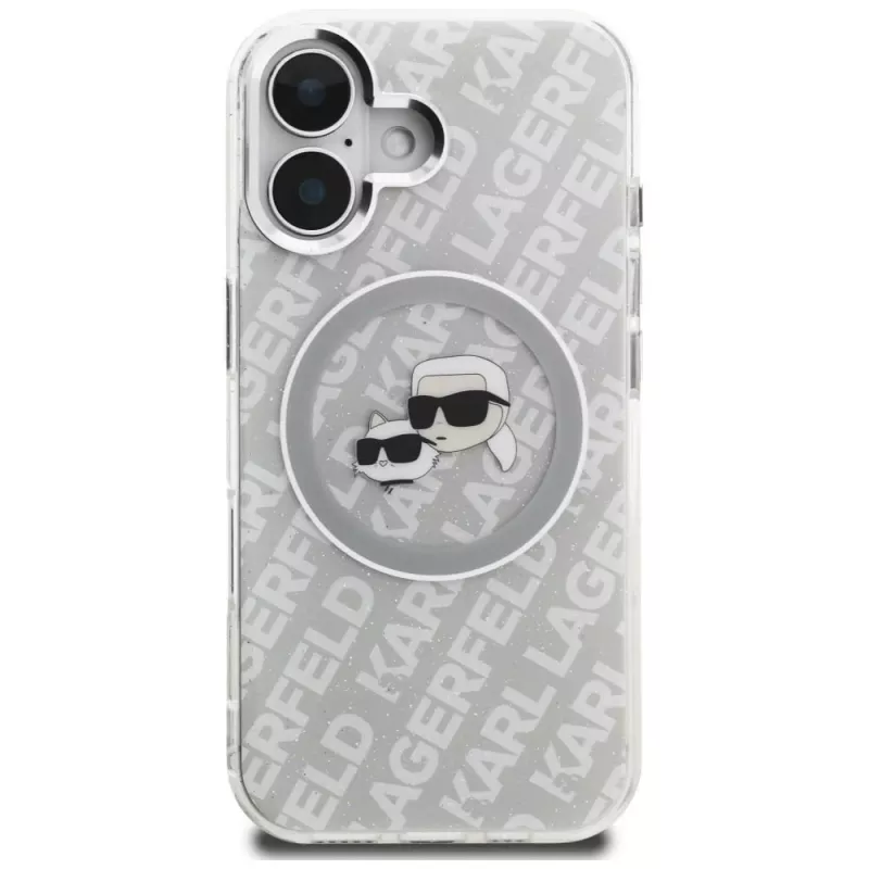 KARL LAGERFELD IML Glitter Karl & Choupette Heads Logo Case MagSafe per iPhone 16, grigio