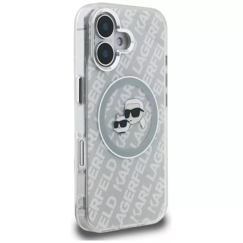 KARL LAGERFELD IML Glitter Karl & Choupette Heads Logo Case MagSafe per iPhone 16, grigio