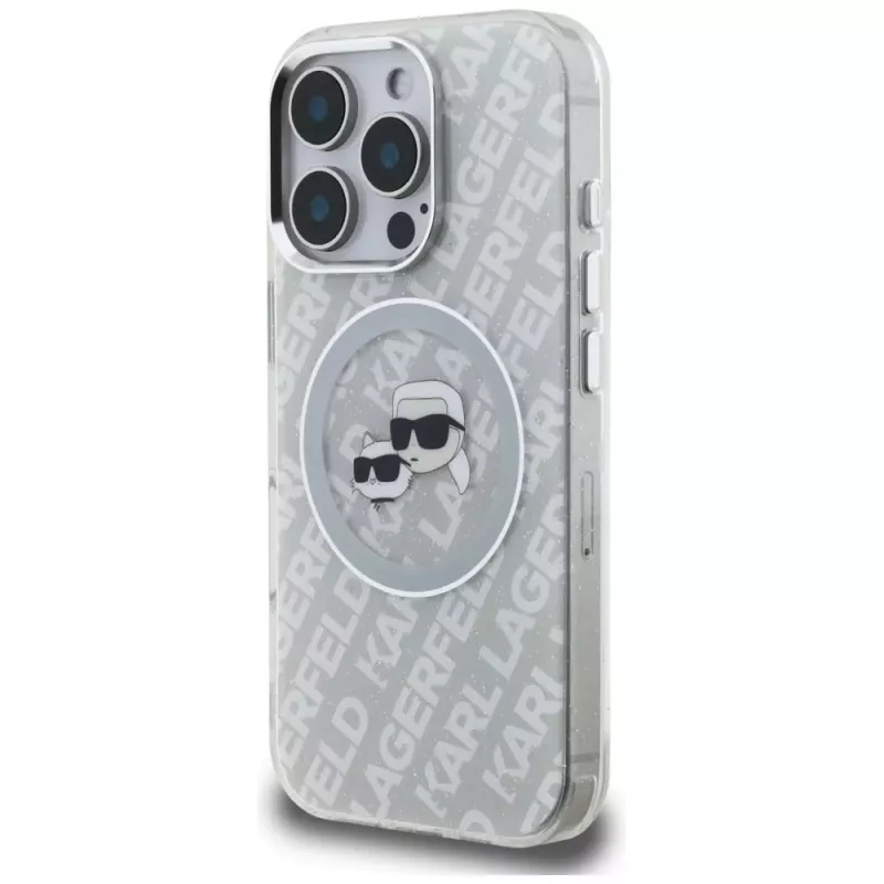 KARL LAGERFELD IML Glitter Karl & Choupette Heads Logo Case MagSafe per iPhone 16 Pro grigio