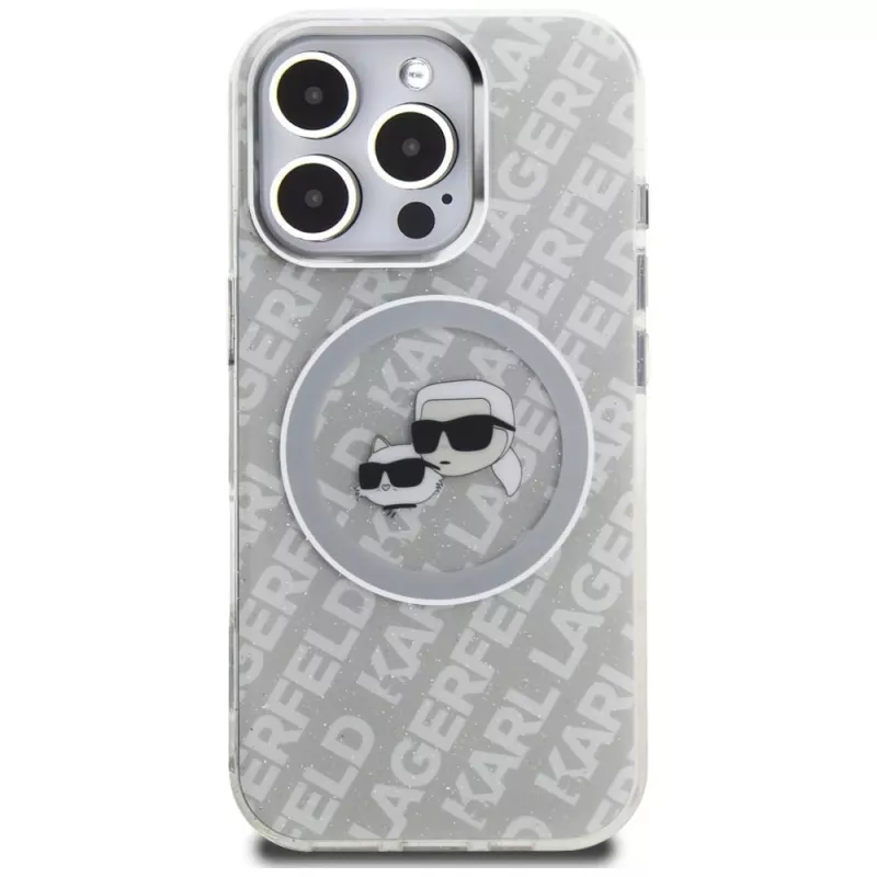 KARL LAGERFELD IML Glitter Karl & Choupette Heads Logo Case MagSafe per iPhone 16 Pro Max grigio