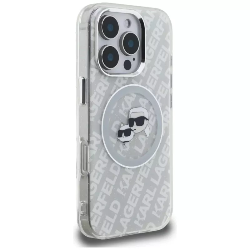 KARL LAGERFELD IML Glitter Karl & Choupette Heads Logo Case MagSafe per iPhone 16 Pro Max grigio