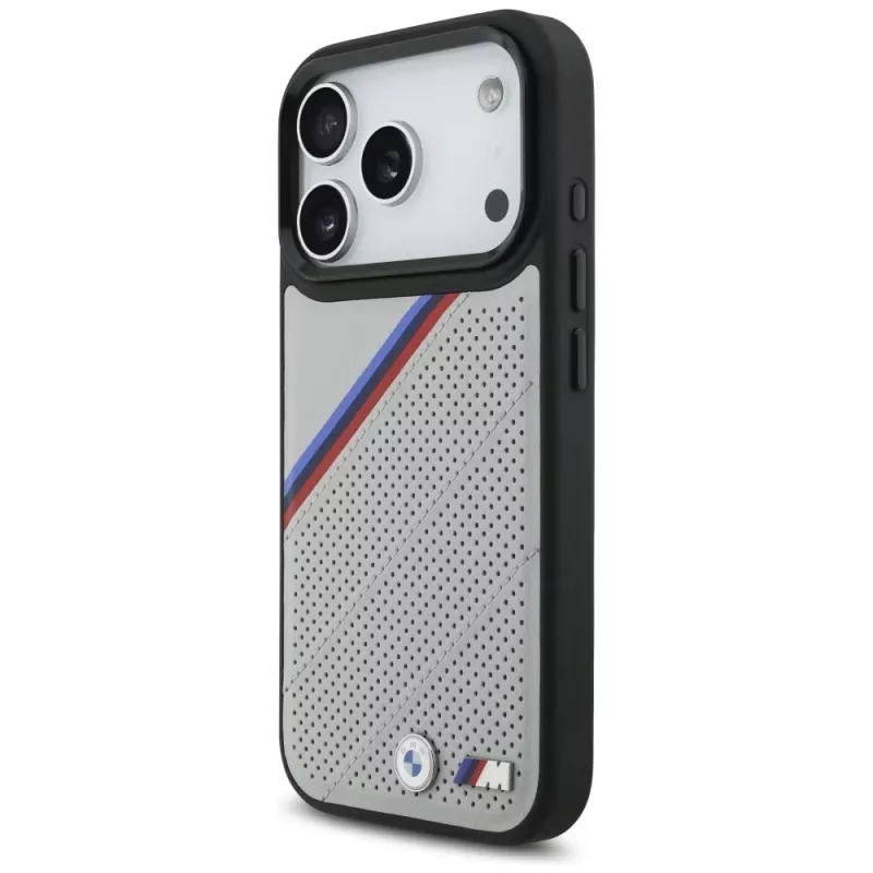 BMW M Tricolor Metal Logo Case MagSafe per iPhone 17 Pro grigio
