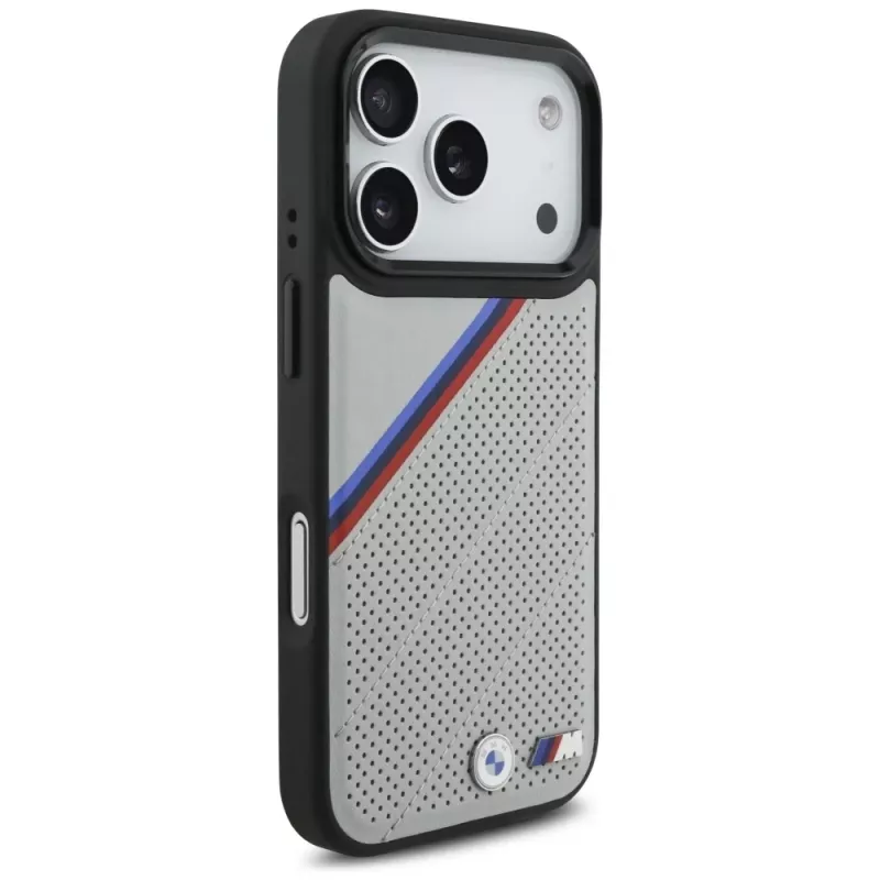BMW M Tricolor Metal Logo Case MagSafe per iPhone 17 Pro grigio