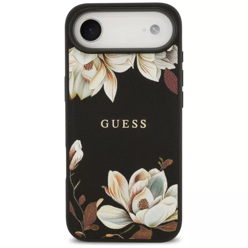 Custodia MagSafe Guess Grained Flowers Classic Logo per Apple iPhone Air - nero