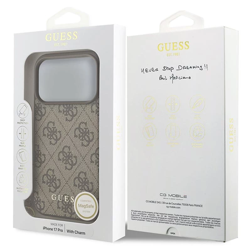 Guess 4G Charms Collection Cover MagSafe per iPhone 17 Pro (marrone)