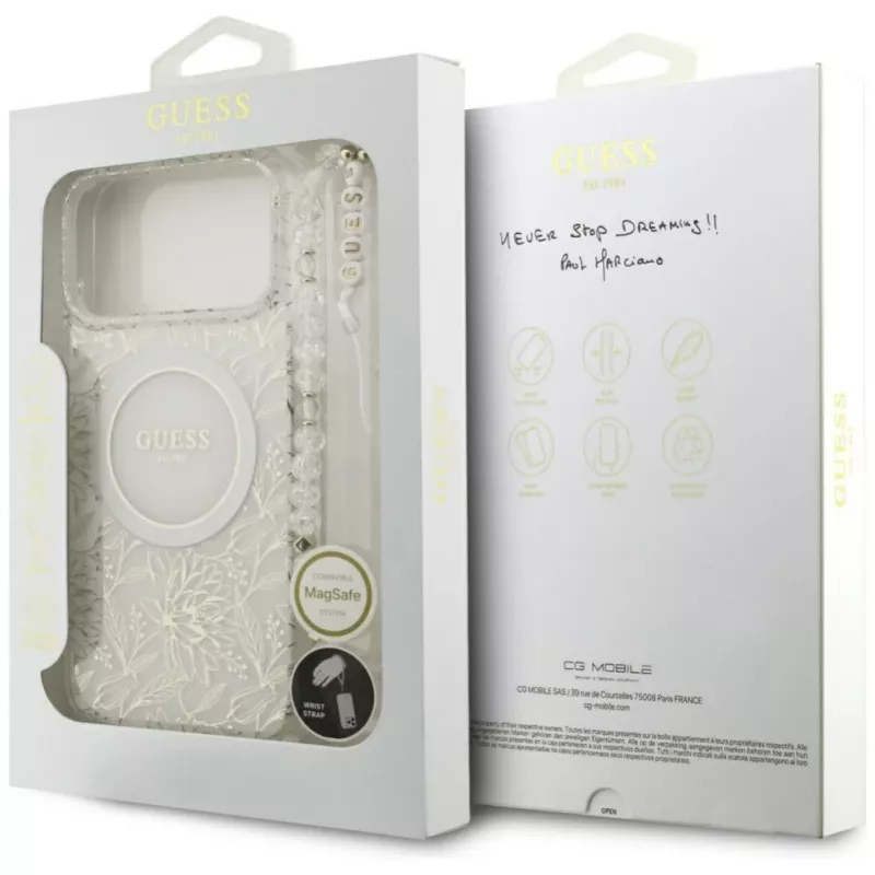 Guess IML Flowers Electro Pearl Strap Cover MagSafe per iPhone 17 Pro Max bianco