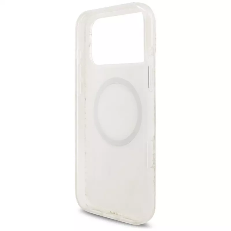 Guess IML Flowers Electro Pearl Strap Cover MagSafe per iPhone 17 Pro Max bianco