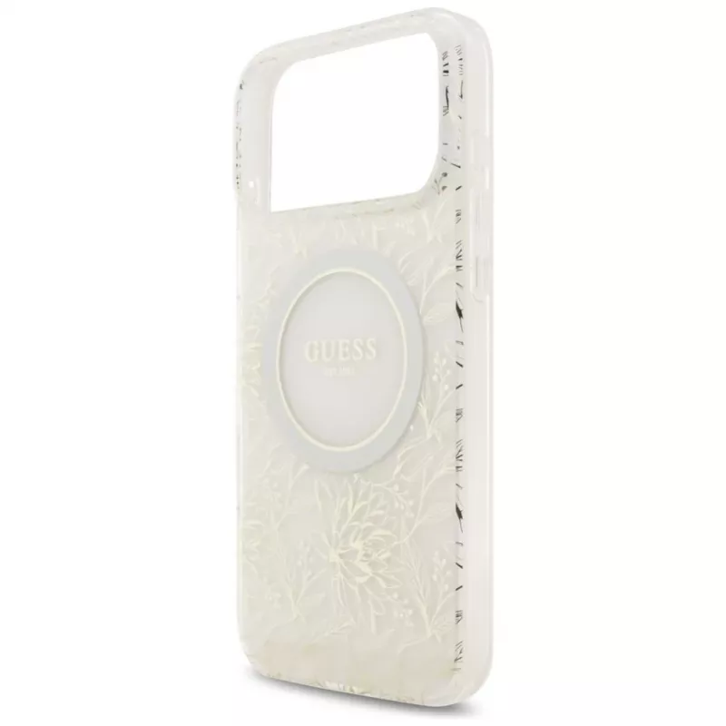 Guess IML Flowers Electro Pearl Strap Cover MagSafe per iPhone 17 Pro Max bianco