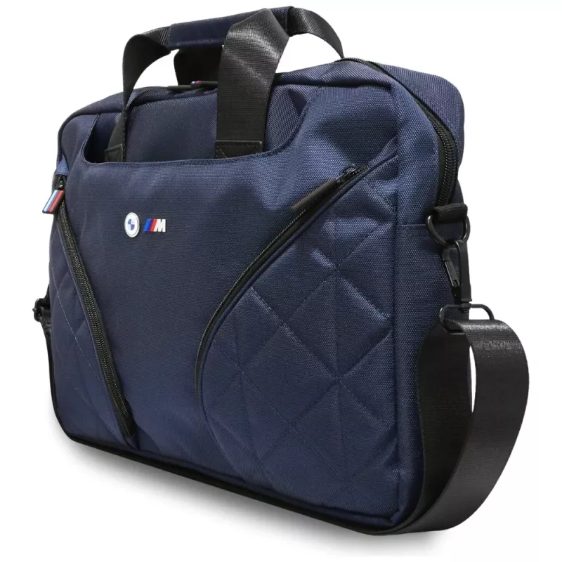 Borsa messenger per laptop BMW in nylon con logo in metallo, blu navy, 16 pollici