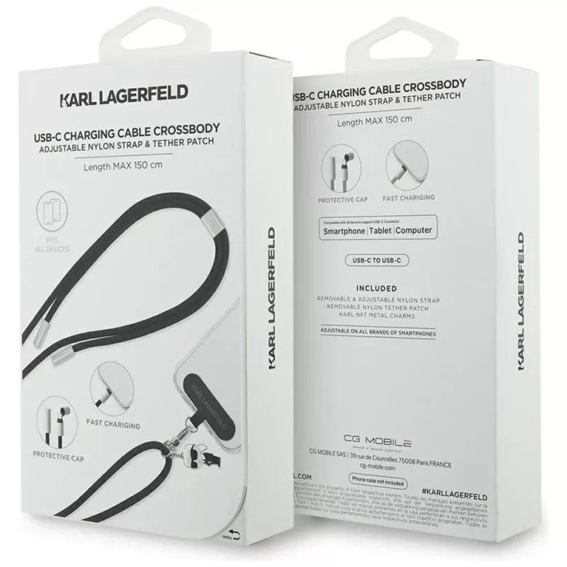 Cavo USB-C a USB-C Karl Lagerfeld Ikonik Charm con lanyard, 1,2 m, nero