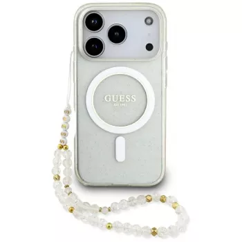 Custodia MagSafe Guess IML Glitter Pearl Strap per iPhone 17 Pro, trasparente
