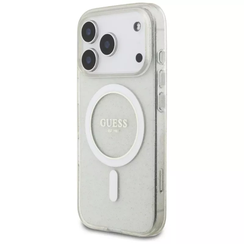 Custodia MagSafe Guess IML Glitter Pearl Strap per iPhone 17 Pro, trasparente