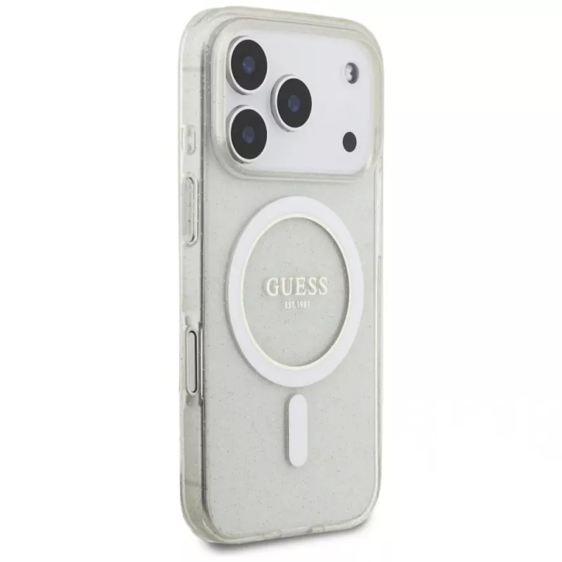 Custodia MagSafe Guess IML Glitter Pearl Strap per iPhone 17 Pro, trasparente