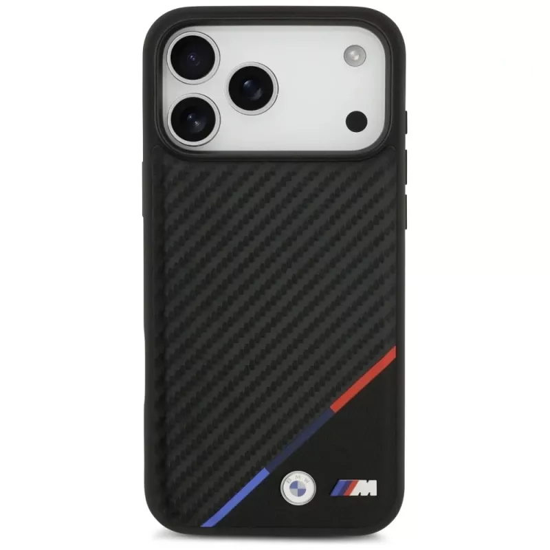 Custodia MagSafe BMW M Carbon Tricolor Line per iPhone 17 Pro Max nero