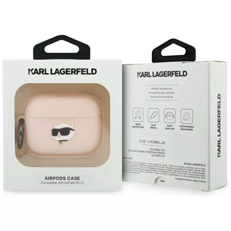 Custodia in silicone Karl Lagerfeld Choupette Head 3D per AirPods Pro 3, rosa