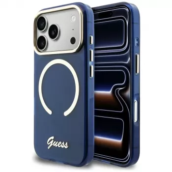 Guess IML Script Metal Custodia MagSafe per iPhone 17 Pro blu