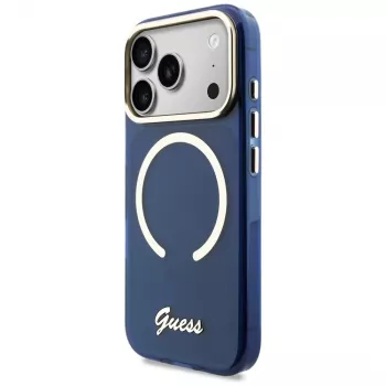 Guess IML Script Metal Custodia MagSafe per iPhone 17 Pro blu