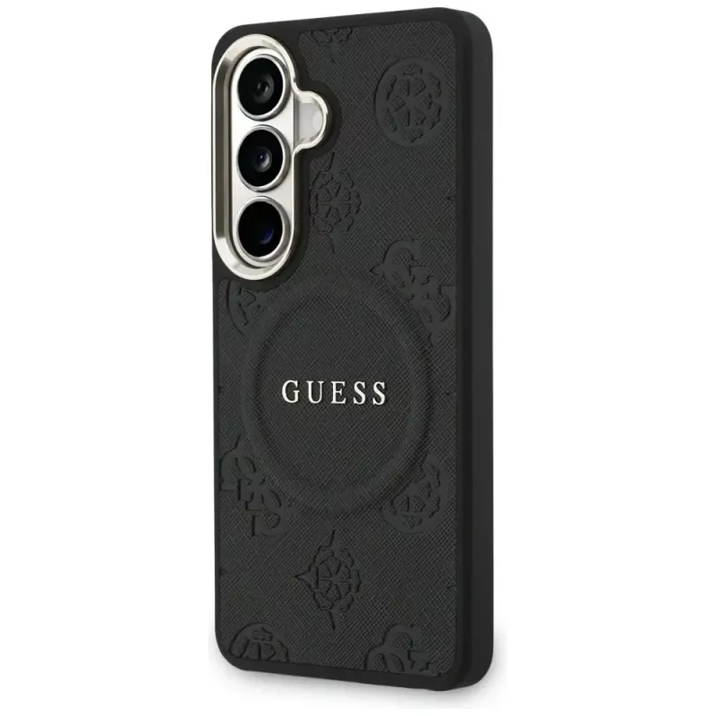 Guess Saffiano Peony Embossed Ring Cover MagSafe per Samsung Galaxy S26 nero