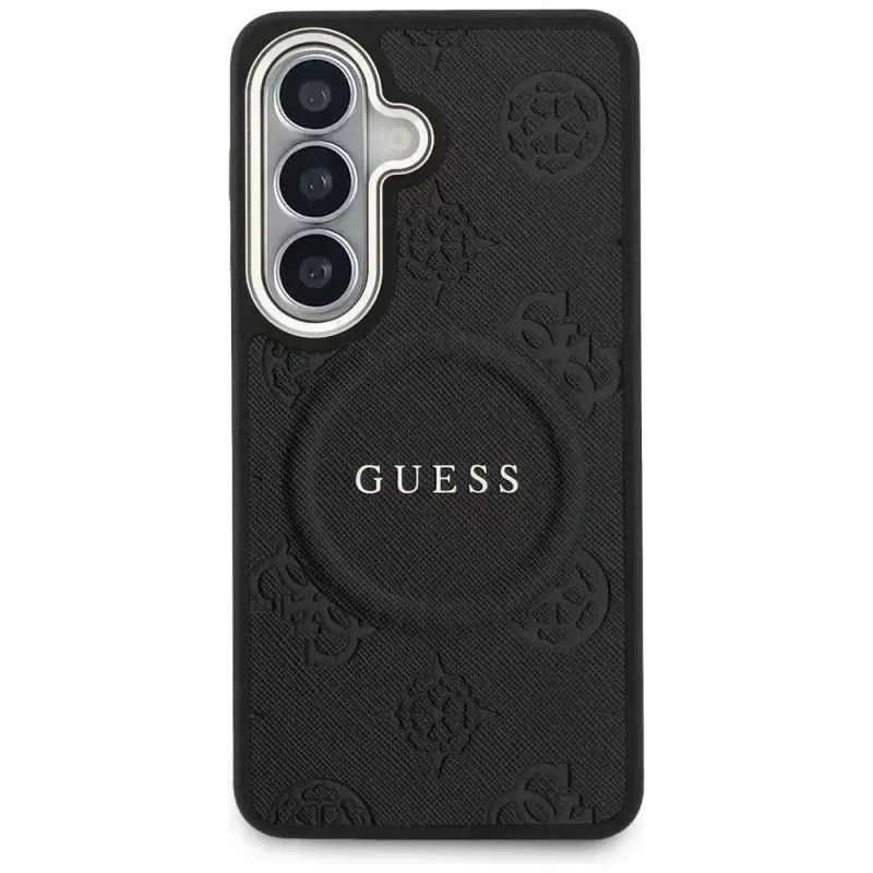 Guess Saffiano Peony Embossed Ring Cover MagSafe per Samsung Galaxy S26 nero