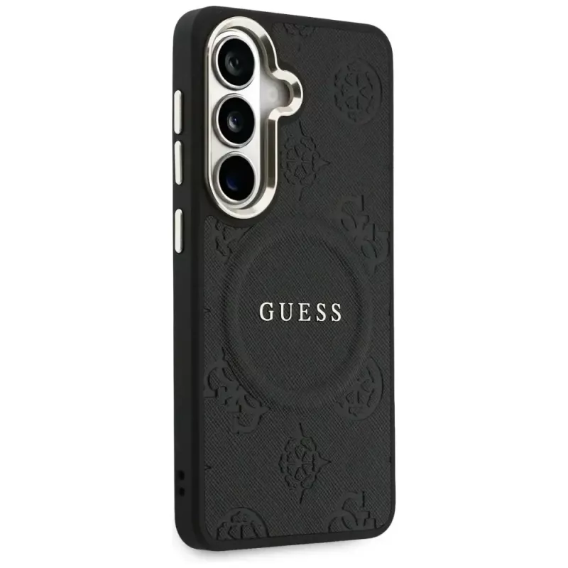 Guess Saffiano Peony Embossed Ring Cover MagSafe per Samsung Galaxy S26 nero