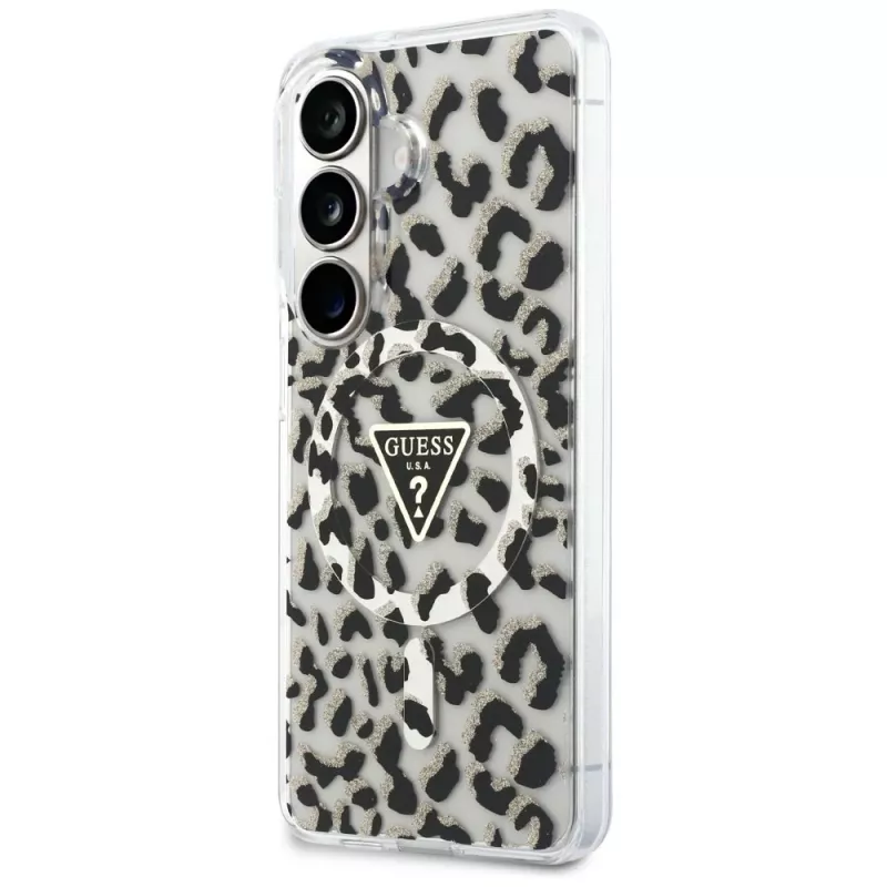 Guess IML Leopard Print Triangle Cover MagSafe per Samsung Galaxy S26, nero