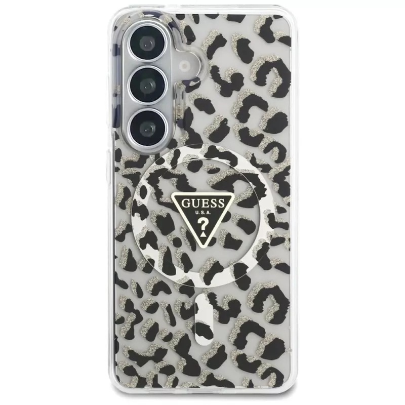 Guess IML Leopard Print Triangle Cover MagSafe per Samsung Galaxy S26, nero