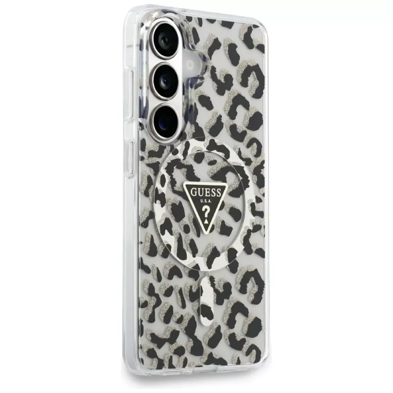 Guess IML Leopard Print Triangle Cover MagSafe per Samsung Galaxy S26, nero