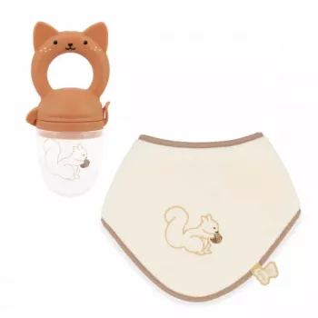 Kaloo Set regalo per neonati anello dentizione frutta + bavaglino Grignoti lo scoiattolo