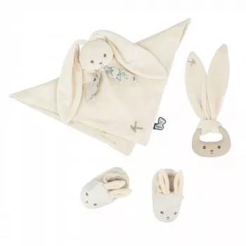 Kaloo Set regalo 3-in-1 coniglietto (doudou + anello dentizione + stivaletti) crema collezione Lapinoo