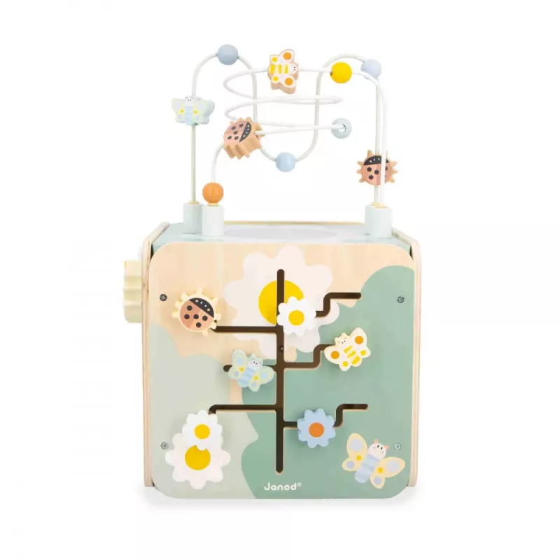 Janod Sweet Cocoon Cubo multi-attività con labirinto di perline, incastra-forme, abaco, ingranaggi, elementi scorrevoli, blocchi rotanti, gioco impilabile - legno certificato FSC, colori pastello, età da 18 mesi a 3 anni