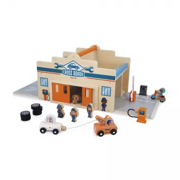 Janod Garage in legno con personaggi e meccanismo di apertura Cross Roads 2+