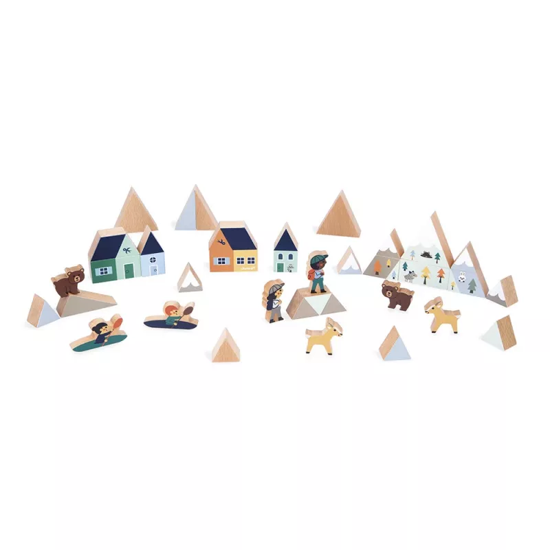 Janod Set mattoncini e personaggi 35 pezzi - Cross Roads Mountains