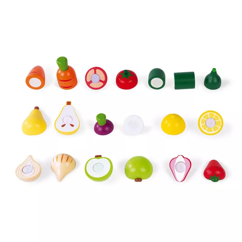 Janod Set scatola da taglio frutta e verdura in legno - 18 pezzi accessori cucina giocattolo con coltello e tagliere