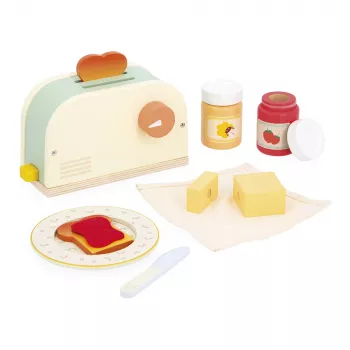 Janod Set colazione in legno con tostapane e 12 accessori Shiny Grandma 3+