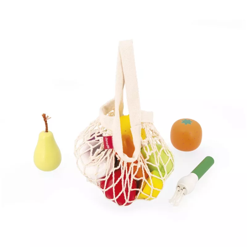 Janod Shiny Grandma Set alimenti giocattolo in legno in sacchetto a rete, 12 pezzi