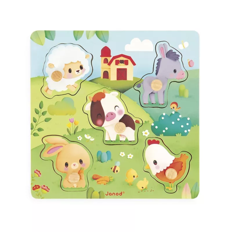 Janod Pure Puzzle sensoriale in legno Animali della fattoria 7 pezzi