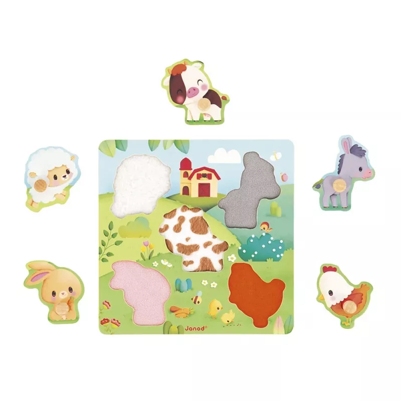 Janod Pure Puzzle sensoriale in legno Animali della fattoria 7 pezzi